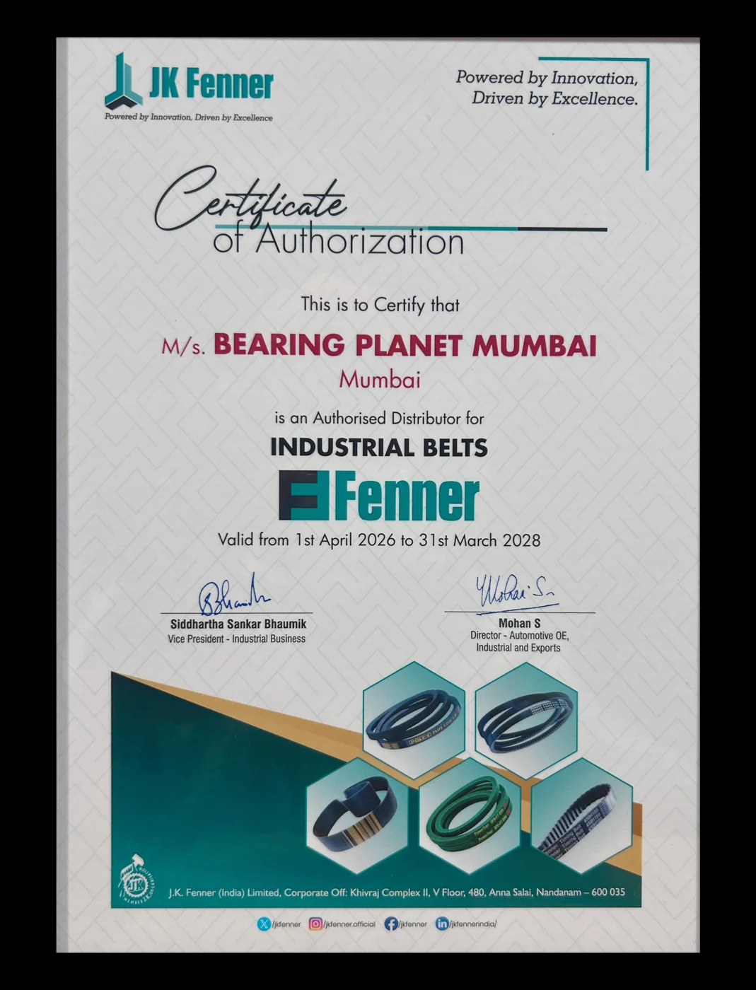 JK Fenner certificate